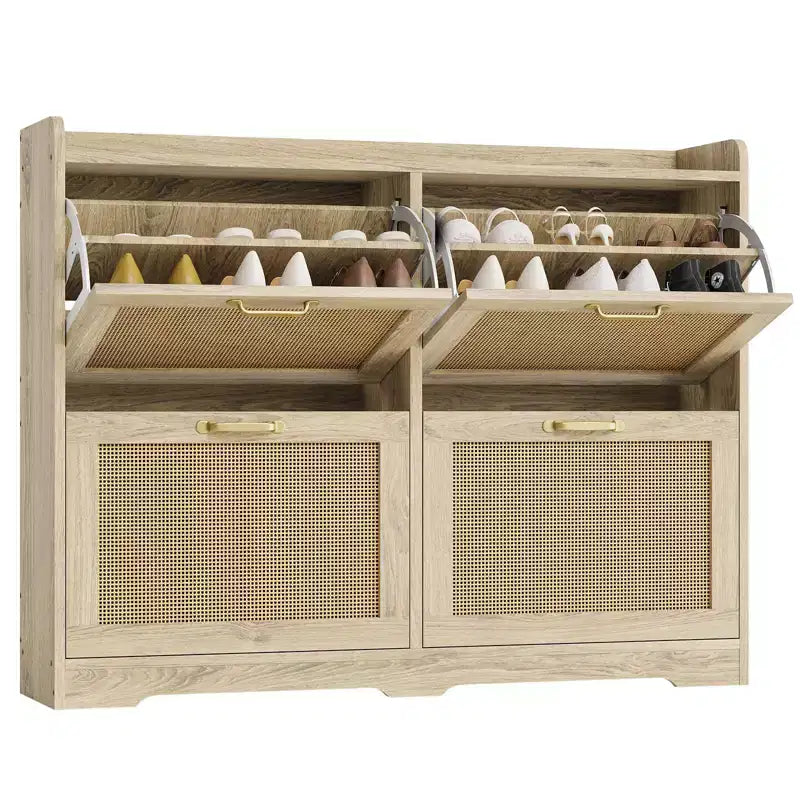Farmhouse Rattan Shoe Storage Cabinet with Flip Drawers, Slim Wooden Shoe Organizer, Space Saving Entryway Cabinet