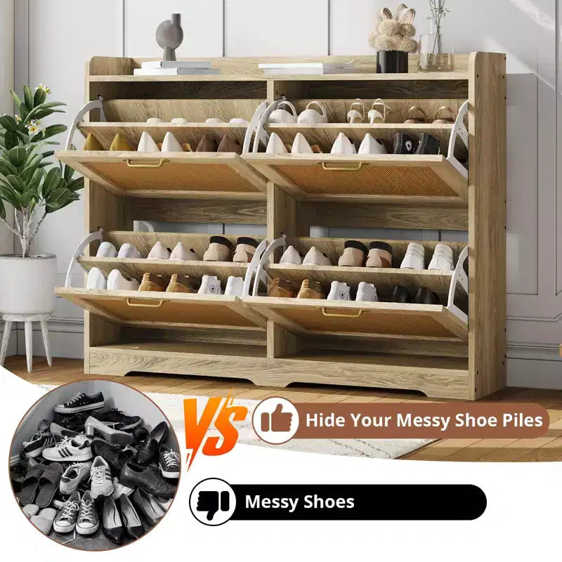 Meuble à chaussures de ferme en rotin avec tiroirs basculants, Organisateur de chaussures mince en bois, Meuble d'entrée peu encombrant