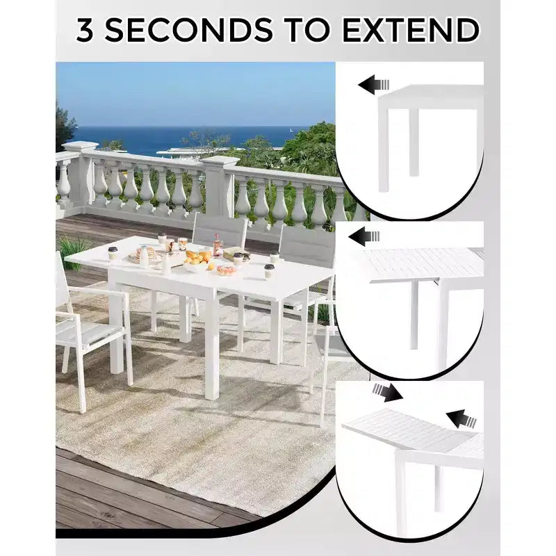 Table de patio extensible en aluminium de 80 à 160 cm pour 4 à 6 personnes – Table à manger d'extérieur résistante aux intempéries – Blanc (sans chaises)