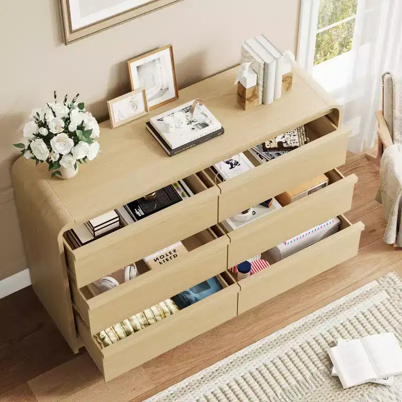 Commode à 6 tiroirs bombée pour chambre à coucher, commode en bois de 120 cm de large avec design incurvé, armoire de rangement moderne pour salon, chambre d'enfant