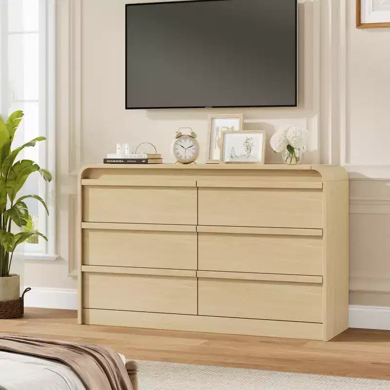 Commode à 6 tiroirs bombée pour chambre à coucher, commode en bois de 120 cm de large avec design incurvé, armoire de rangement moderne pour salon, chambre d'enfant