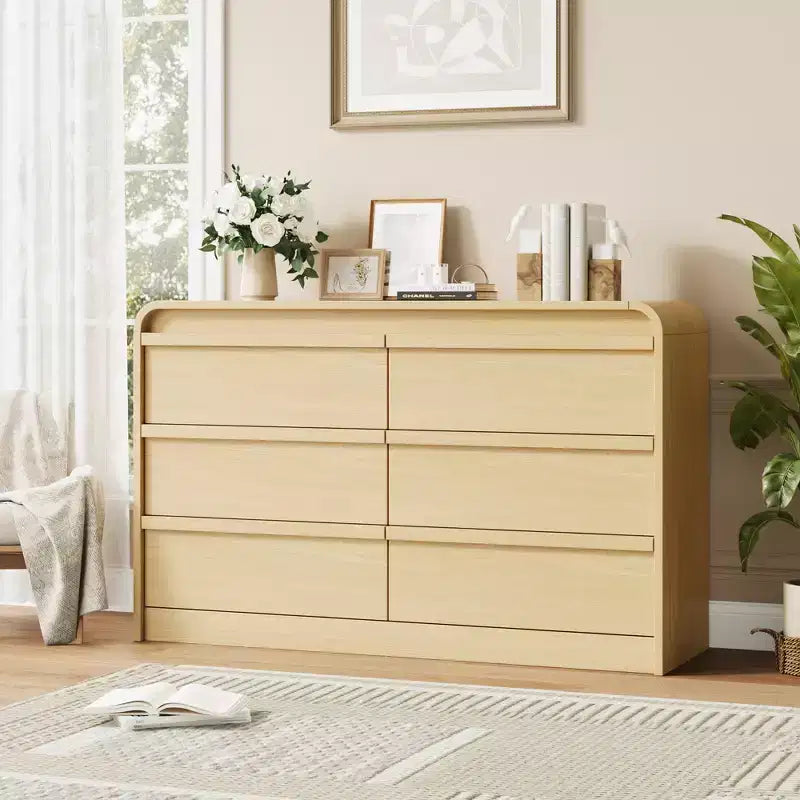 Commode à 6 tiroirs bombée pour chambre à coucher, commode en bois de 120 cm de large avec design incurvé, armoire de rangement moderne pour salon, chambre d'enfant