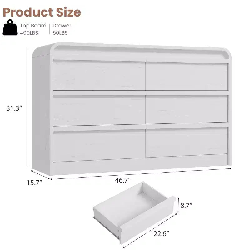 Commode à 6 tiroirs bombée pour chambre à coucher, commode en bois de 120 cm de large avec design incurvé, armoire de rangement moderne pour salon, chambre d'enfant