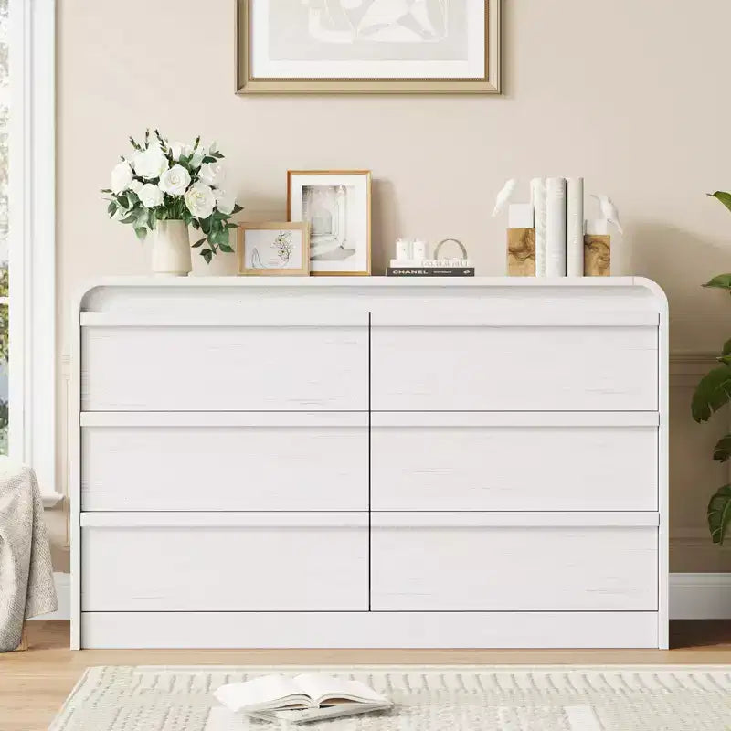Commode à 6 tiroirs bombée pour chambre à coucher, commode en bois de 120 cm de large avec design incurvé, armoire de rangement moderne pour salon, chambre d'enfant
