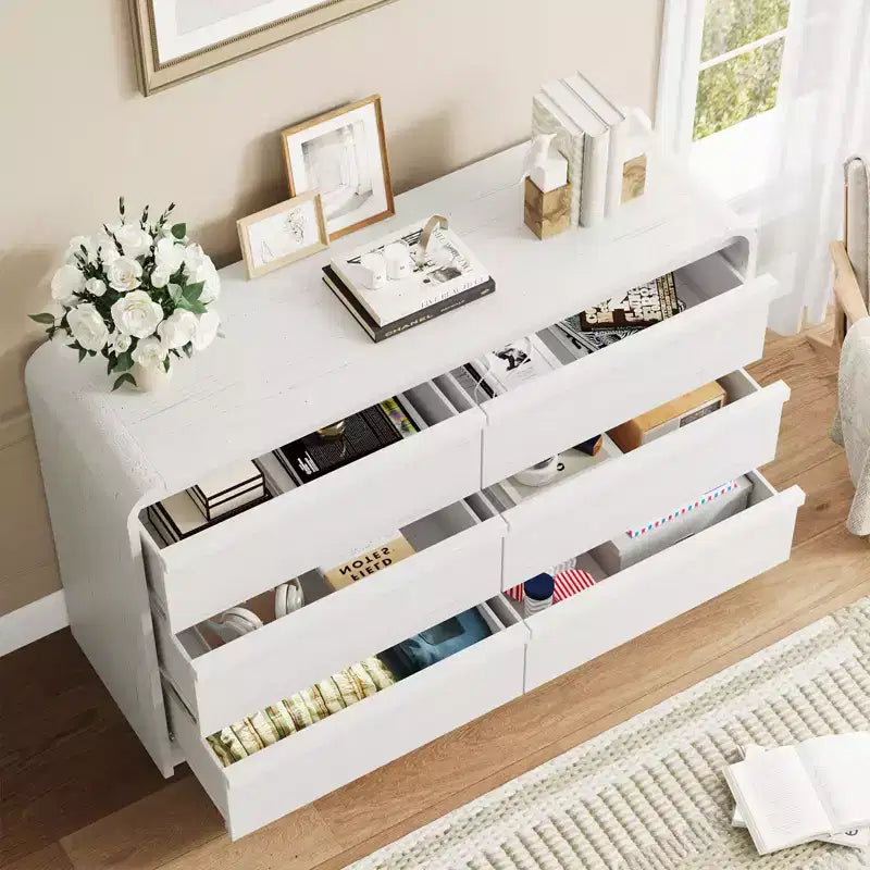 Commode à 6 tiroirs bombée pour chambre à coucher, commode en bois de 120 cm de large avec design incurvé, armoire de rangement moderne pour salon, chambre d'enfant