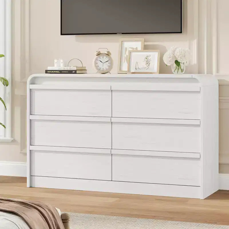 Commode à 6 tiroirs bombée pour chambre à coucher, commode en bois de 120 cm de large avec design incurvé, armoire de rangement moderne pour salon, chambre d'enfant