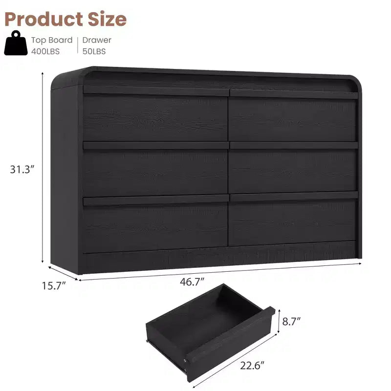 Commode à 6 tiroirs bombée pour chambre à coucher, commode en bois de 120 cm de large avec design incurvé, armoire de rangement moderne pour salon, chambre d'enfant