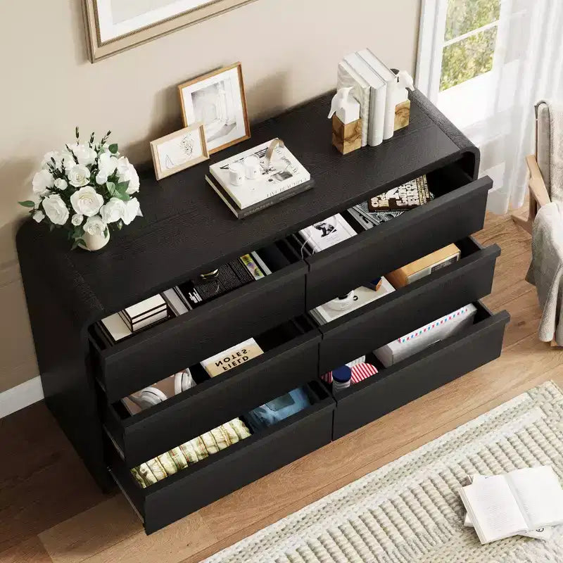 Commode à 6 tiroirs bombée pour chambre à coucher, commode en bois de 120 cm de large avec design incurvé, armoire de rangement moderne pour salon, chambre d'enfant