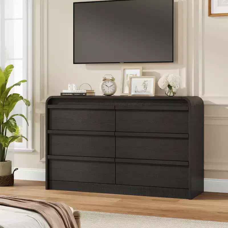 Commode à 6 tiroirs bombée pour chambre à coucher, commode en bois de 120 cm de large avec design incurvé, armoire de rangement moderne pour salon, chambre d'enfant