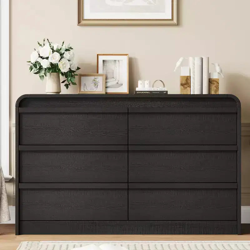 Commode à 6 tiroirs bombée pour chambre à coucher, commode en bois de 120 cm de large avec design incurvé, armoire de rangement moderne pour salon, chambre d'enfant