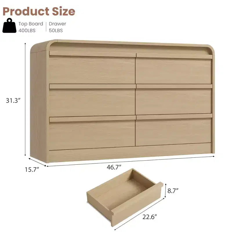 Commode à 6 tiroirs bombée pour chambre à coucher, commode en bois de 120 cm de large avec design incurvé, armoire de rangement moderne pour salon, chambre d'enfant