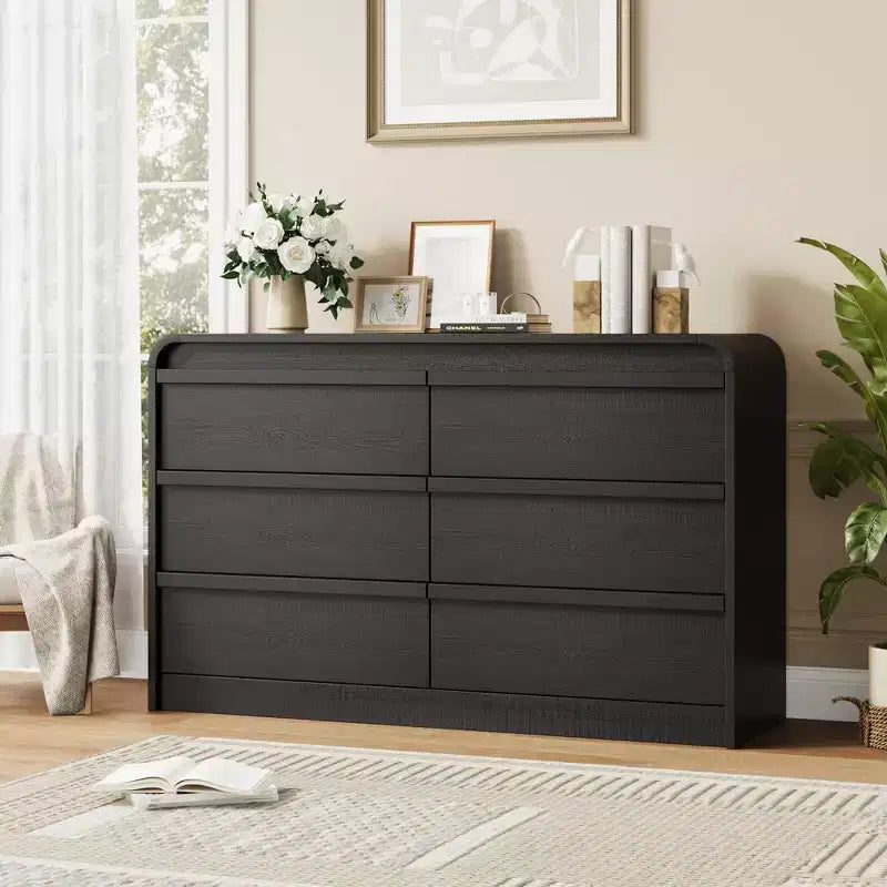 Arched 6 Drawer Dresser for Bedroom, 47in Wide Wooden 6 Chest of Drawers with Curved Design, Modern Closet Storage Cabinet for Living Room, Nursery