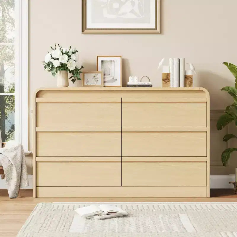 Commode à 6 tiroirs bombée pour chambre à coucher, commode en bois de 120 cm de large avec design incurvé, armoire de rangement moderne pour salon, chambre d'enfant