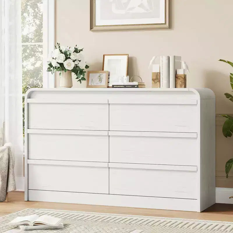 Commode à 6 tiroirs bombée pour chambre à coucher, commode en bois de 120 cm de large avec design incurvé, armoire de rangement moderne pour salon, chambre d'enfant