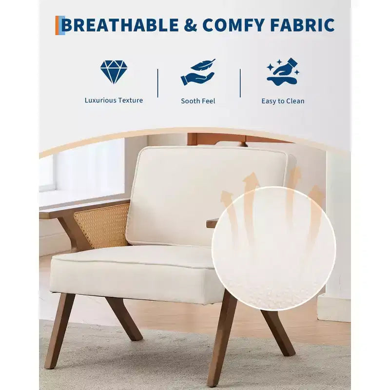 Fauteuil d'appoint en lin, fauteuil de coiffeuse vintage rotin style Mid-Century avec accoudoirs et pieds en bois pour salon et chambre