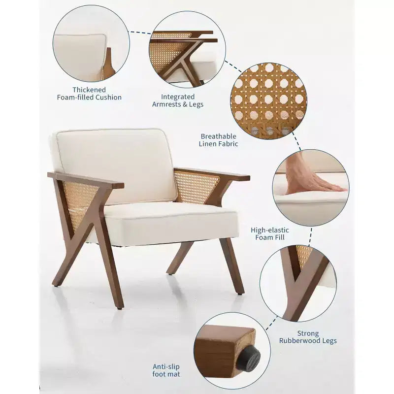 Fauteuil d'appoint en lin, fauteuil de coiffeuse vintage rotin style Mid-Century avec accoudoirs et pieds en bois pour salon et chambre
