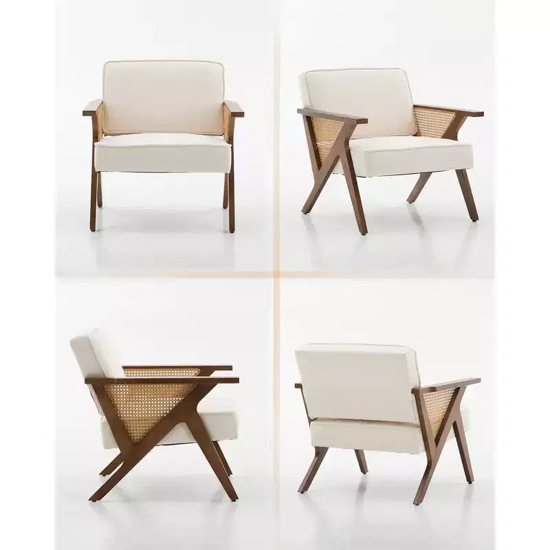 Fauteuil d'appoint en lin, fauteuil de coiffeuse vintage rotin style Mid-Century avec accoudoirs et pieds en bois pour salon et chambre