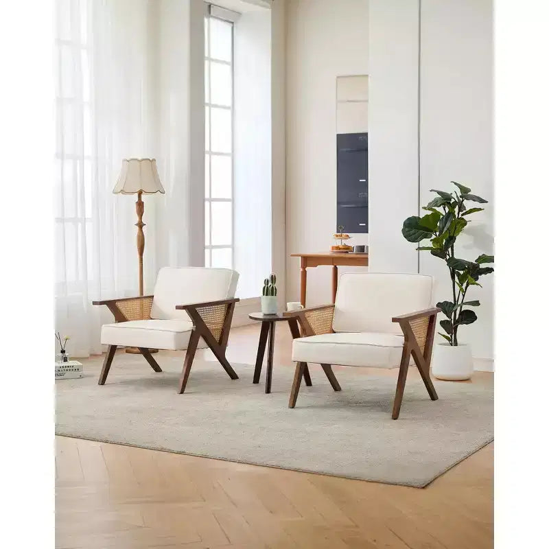 Fauteuil d'appoint en lin, fauteuil de coiffeuse vintage rotin style Mid-Century avec accoudoirs et pieds en bois pour salon et chambre