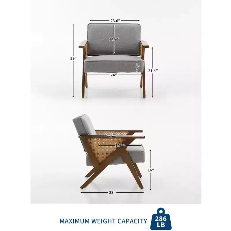 Fauteuil d'appoint en lin, fauteuil de coiffeuse vintage rotin style Mid-Century avec accoudoirs et pieds en bois pour salon et chambre