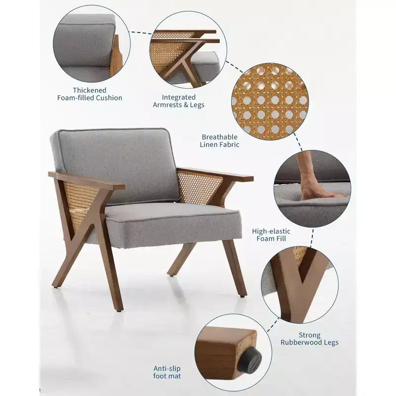 Fauteuil d'appoint en lin, fauteuil de coiffeuse vintage rotin style Mid-Century avec accoudoirs et pieds en bois pour salon et chambre