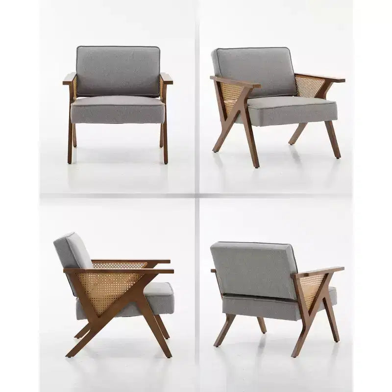 Fauteuil d'appoint en lin, fauteuil de coiffeuse vintage rotin style Mid-Century avec accoudoirs et pieds en bois pour salon et chambre