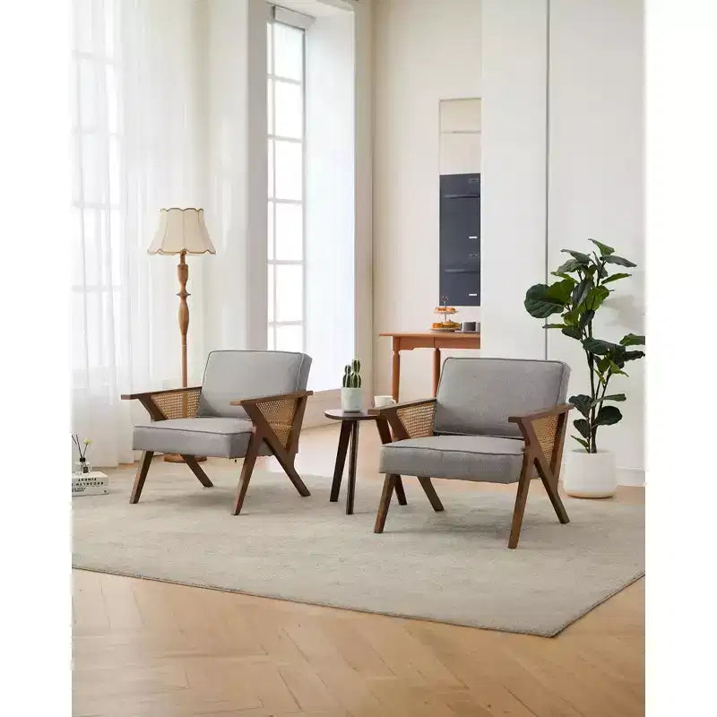 Fauteuil d'appoint en lin, fauteuil de coiffeuse vintage rotin style Mid-Century avec accoudoirs et pieds en bois pour salon et chambre