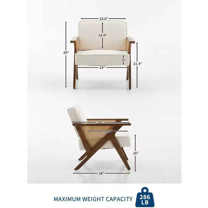 Fauteuil d'appoint en lin, fauteuil de coiffeuse vintage rotin style Mid-Century avec accoudoirs et pieds en bois pour salon et chambre