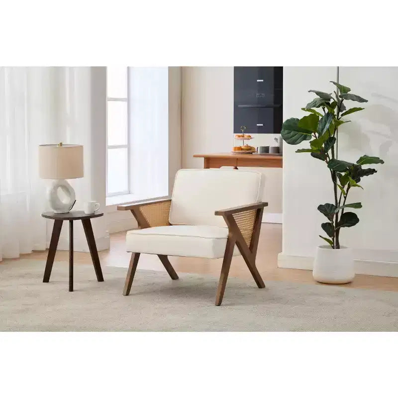 Fauteuil d'appoint en lin, fauteuil de coiffeuse vintage rotin style Mid-Century avec accoudoirs et pieds en bois pour salon et chambre