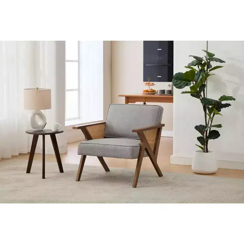 Linen Upholstered Accent Chair, Mid Century Modern Vintage Rattan Vanity Chair with Wood Armrest and Legs for Living Room Bedroom