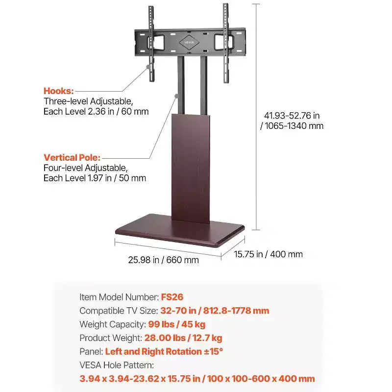 Support TV universel pour téléviseurs de 32 à 70 pouces, socle pivotant et réglable en hauteur, supporte 45 kg, VESA 600x400