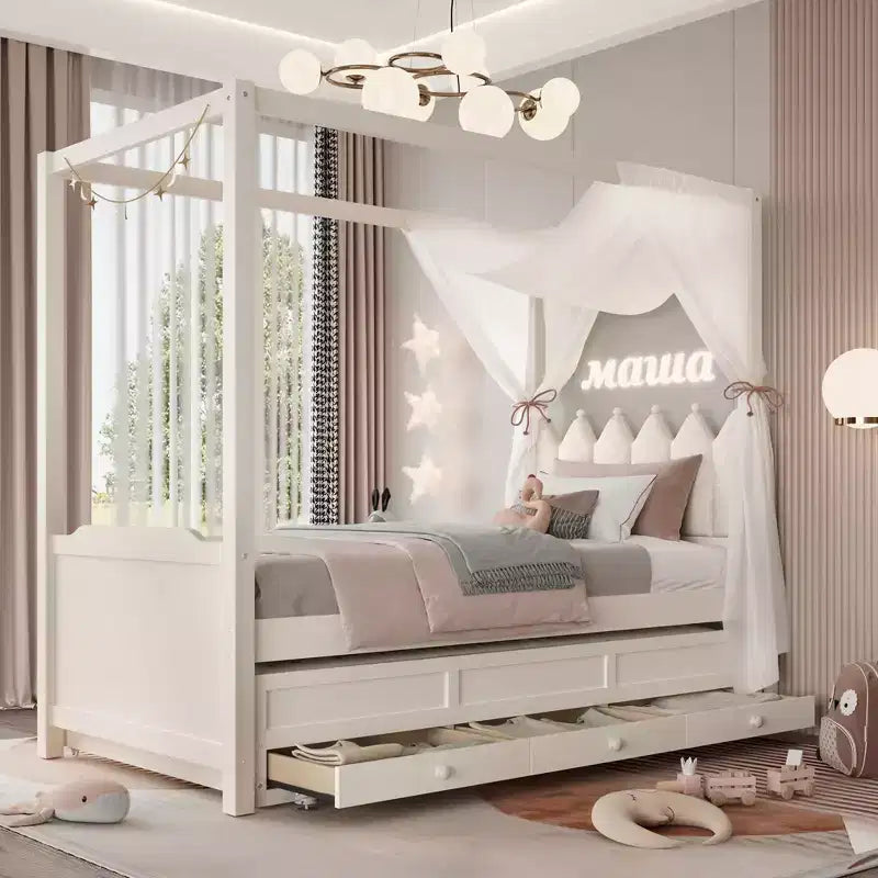 GDFStudio Zhiyuan Modern Wooden Canopy Bed with Linen Upholstered Headboard, Trundle and 3 Drawers