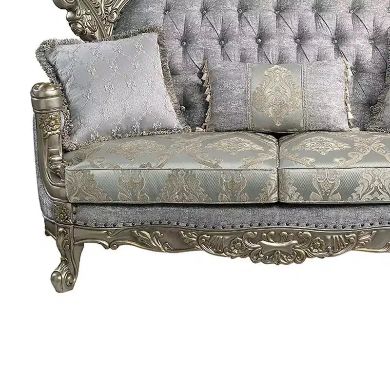 Canapé 185 cm Tissu et Bronze Antique -: Revêtement Cuir, Structure Bois, 3 Coussins Inclus