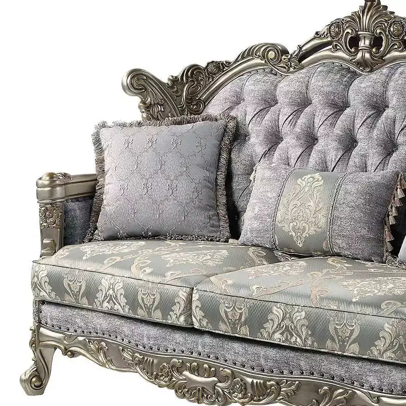 Canapé 185 cm Tissu et Bronze Antique -: Revêtement Cuir, Structure Bois, 3 Coussins Inclus