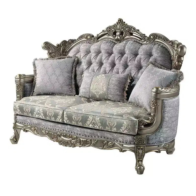 Canapé 185 cm Tissu et Bronze Antique -: Revêtement Cuir, Structure Bois, 3 Coussins Inclus