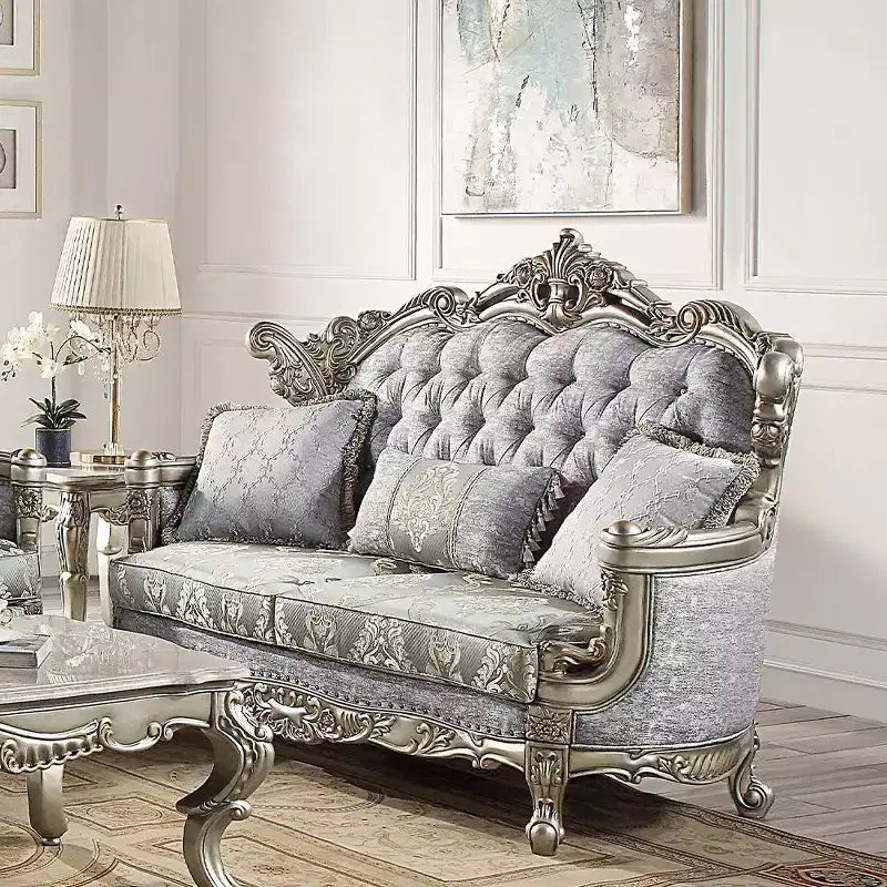 Canapé 185 cm Tissu et Bronze Antique -: Revêtement Cuir, Structure Bois, 3 Coussins Inclus