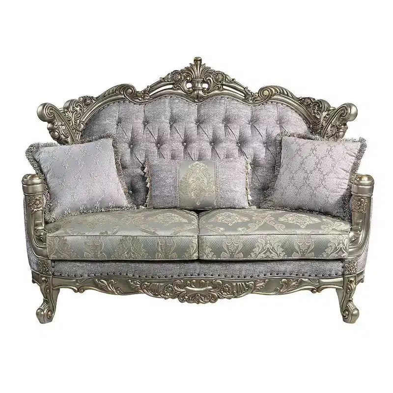 Canapé 185 cm Tissu et Bronze Antique -: Revêtement Cuir, Structure Bois, 3 Coussins Inclus