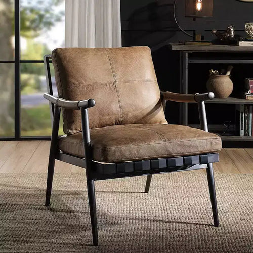 Acme Furniture 26" Anzan Accent Chair Berham Chestnut Top Grain Leather/Matt Iron Finish: No Assembly, Metal Frame, Dry Dust Care