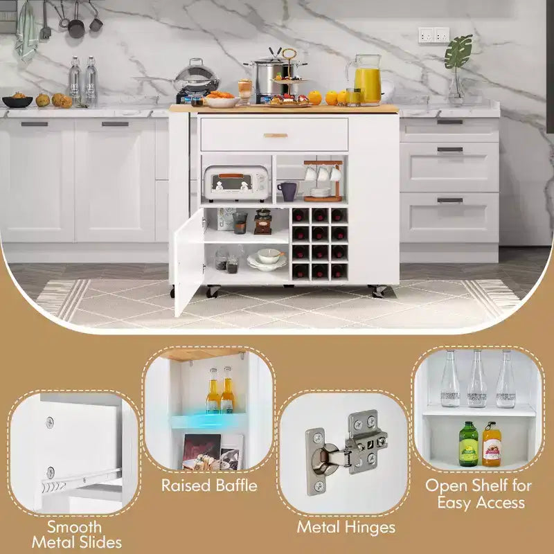 Servante d'îlot de cuisine pliable réversible Chariot de rangement utilitaire Étagères à casiers à vin