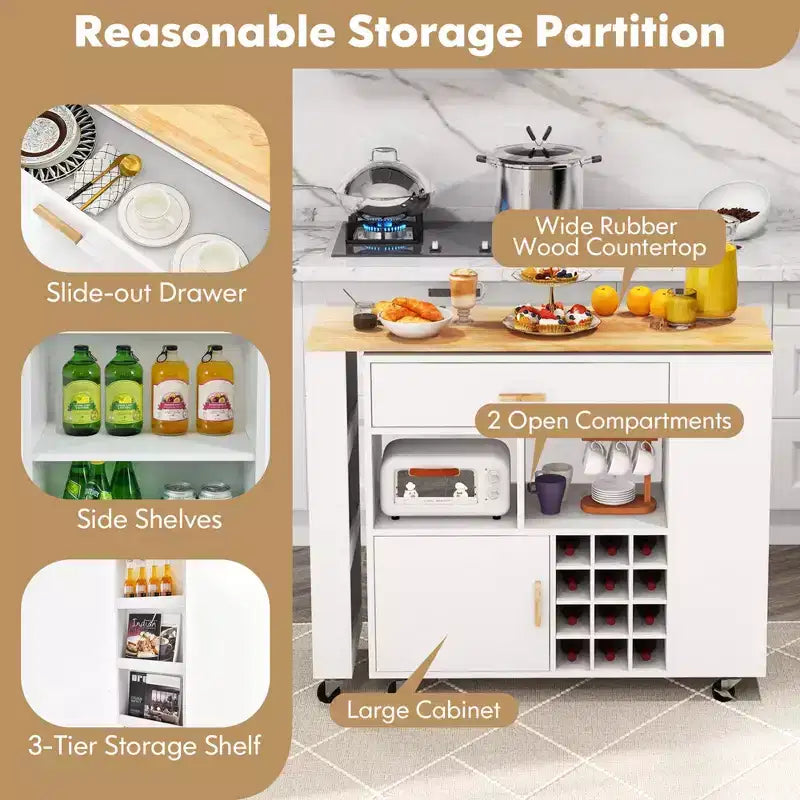 Servante d'îlot de cuisine pliable réversible Chariot de rangement utilitaire Étagères à casiers à vin