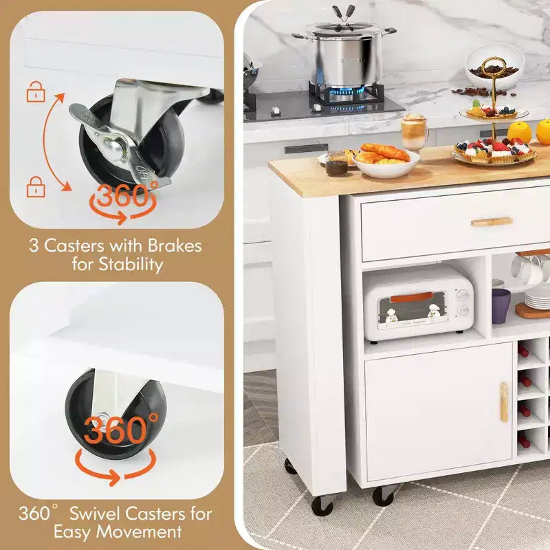 Servante d'îlot de cuisine pliable réversible Chariot de rangement utilitaire Étagères à casiers à vin
