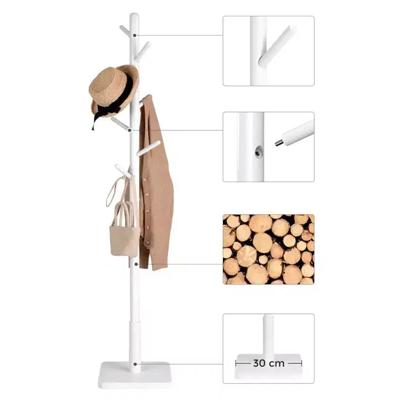 Porte-manteau en bois massif à 8 crochets, arbre d'entrée avec base carrée stable, 3 options de hauteur, pour bureau
