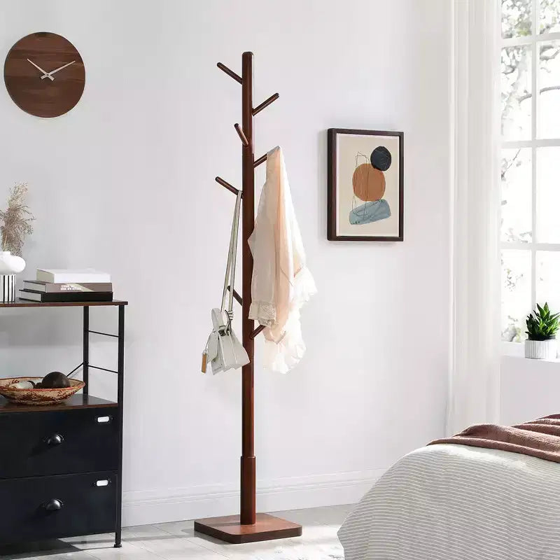 Porte-manteau en bois massif à 8 crochets, arbre d'entrée avec base carrée stable, 3 options de hauteur, pour bureau