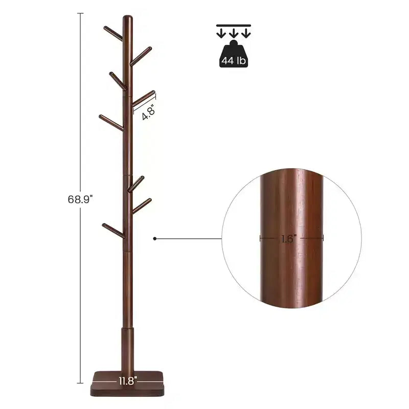 Porte-manteau en bois massif à 8 crochets, arbre d'entrée avec base carrée stable, 3 options de hauteur, pour bureau
