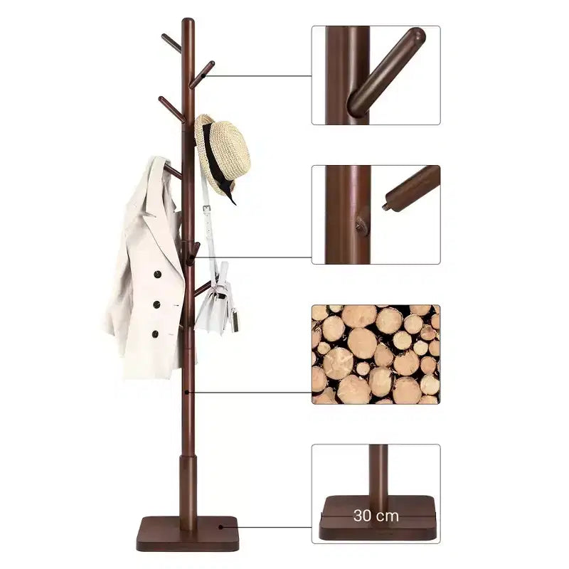 Porte-manteau en bois massif à 8 crochets, arbre d'entrée avec base carrée stable, 3 options de hauteur, pour bureau