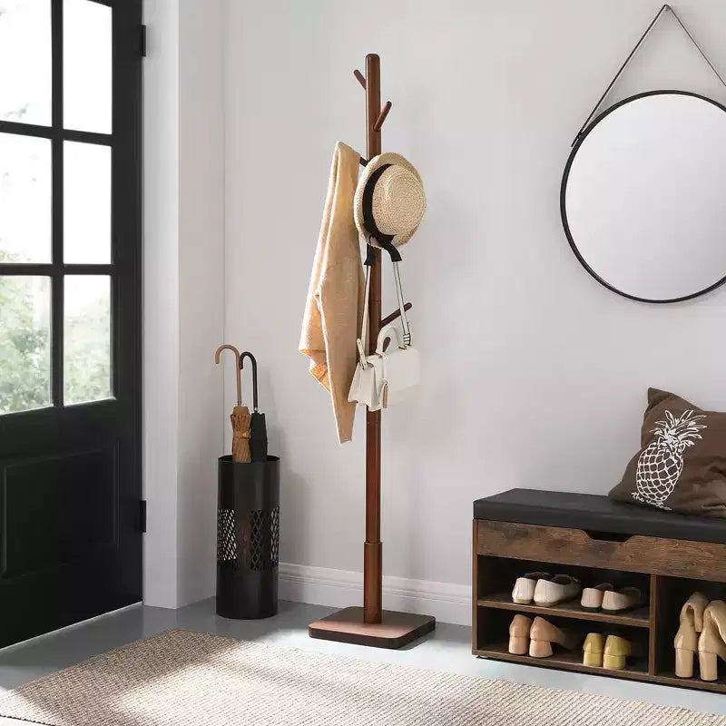 Porte-manteau en bois massif à 8 crochets, arbre d'entrée avec base carrée stable, 3 options de hauteur, pour bureau